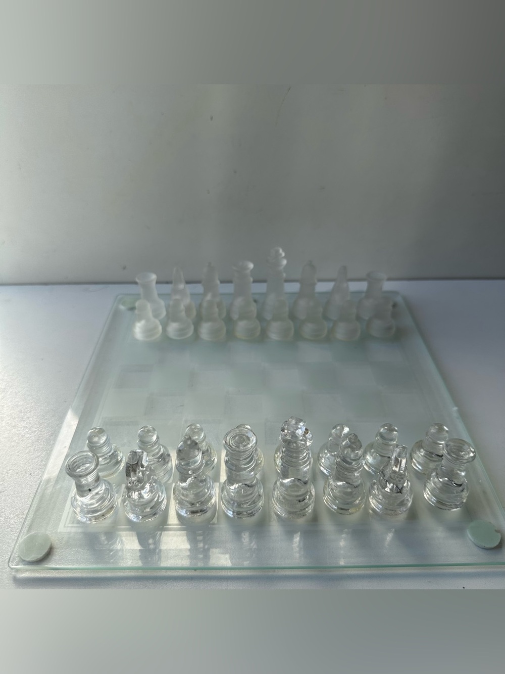 Vintage Glass Chess Set Frosted & Clear Pieces Smoked Glass Board w/ Box